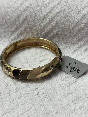 Gold-tone Black & Cream Enamel Bangle Bracelet
